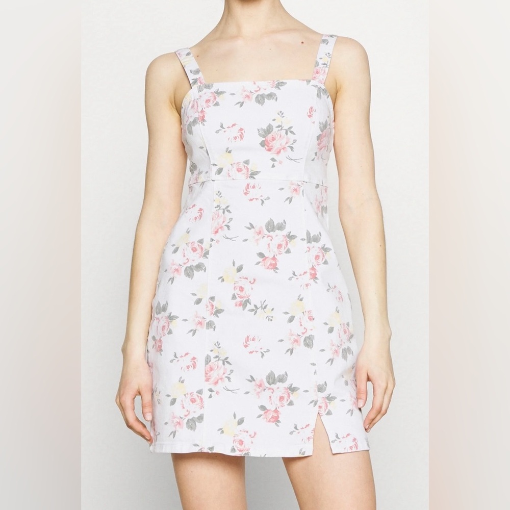 Floral Print White Denim Dress